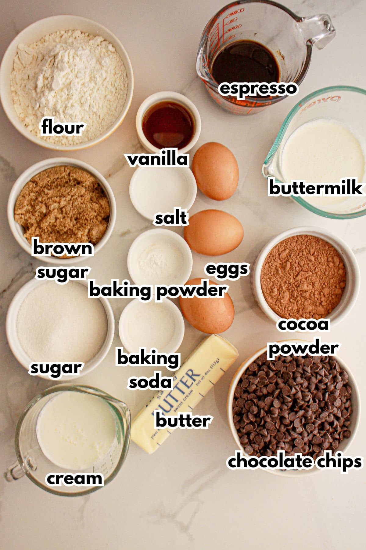 Bowls of ingredients labelled with text on a counter.