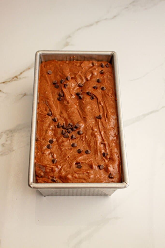 Batter in a loaf pan.