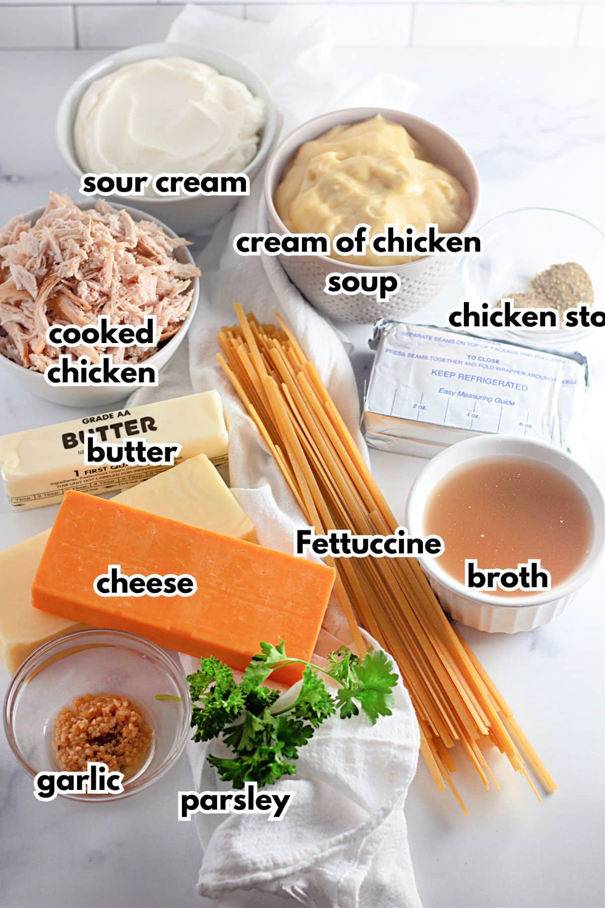 Bowls of ingredients on a counter labelled with text.