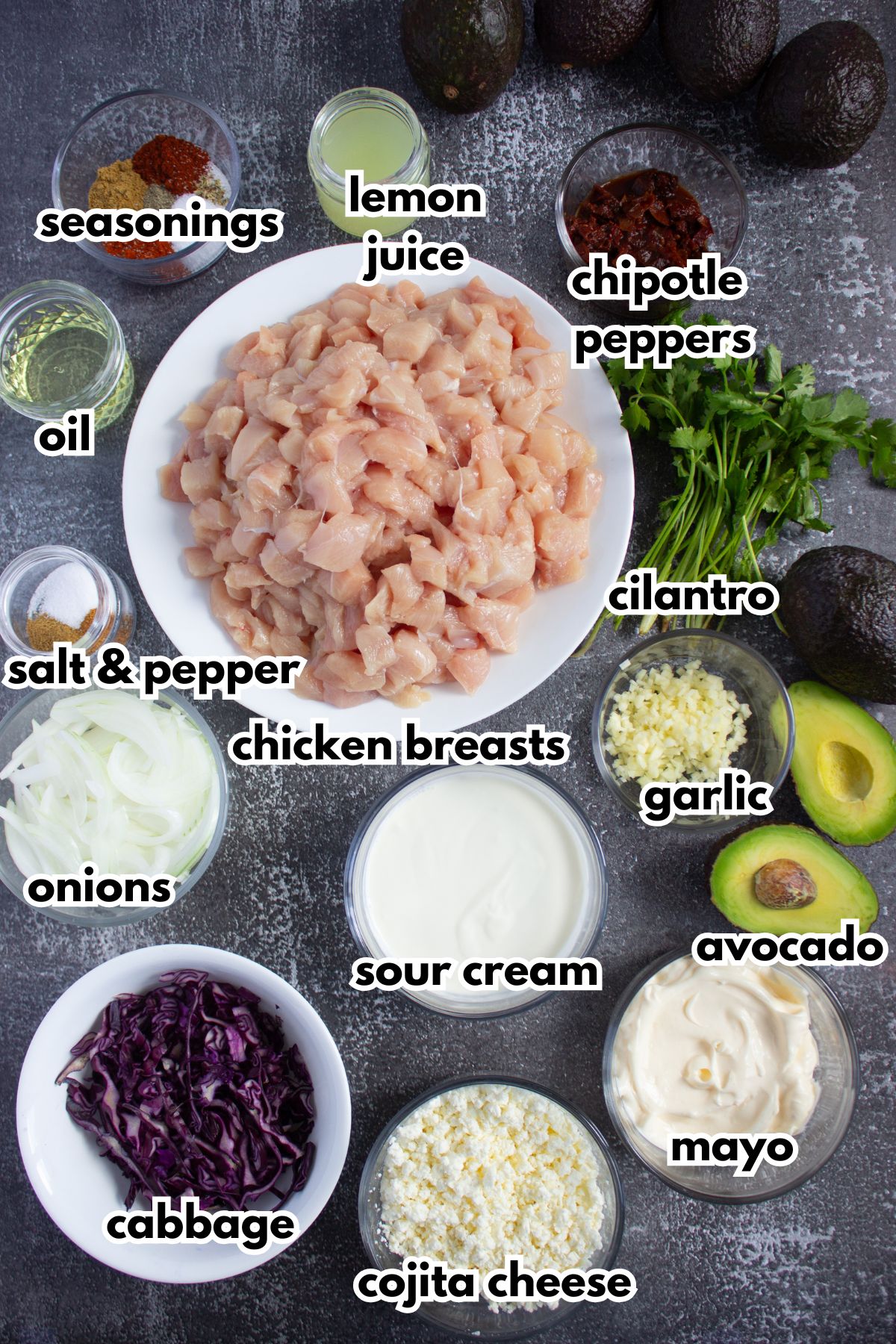 Bowls of ingredients labelled with text on a counter.