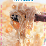 Casserole dish full of chicken tetrazzini.