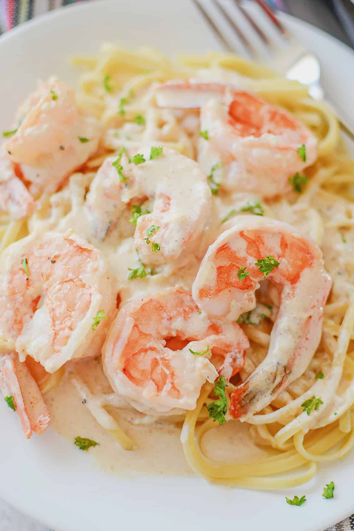 Plate full of creamy garlic shrimp.