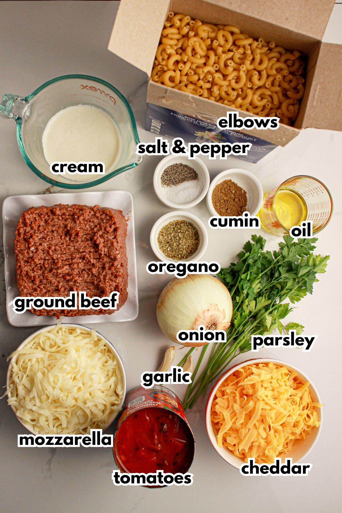 Bowls and boxes of ingredients labelled with text.