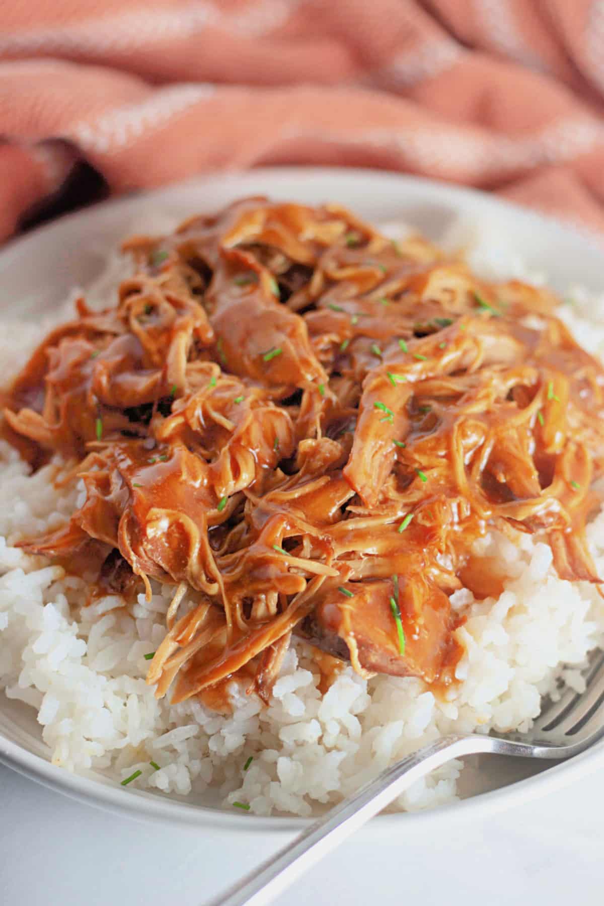Shredded honey garlic chicken on top of a bed of rice.