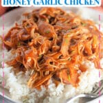 Shredded honey garlic chicken on top of a bed of rice.