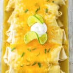 Honey lime enchiladas in a glass baking dish.