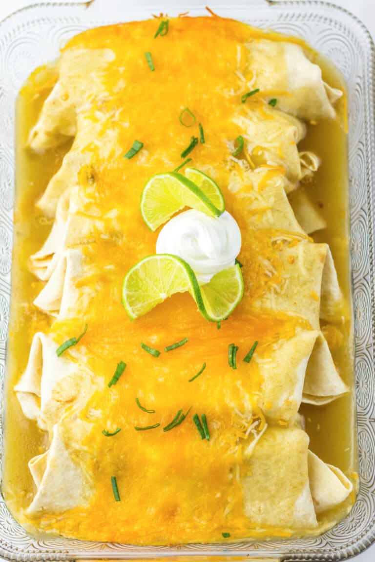 Honey lime enchiladas in a glass baking dish.