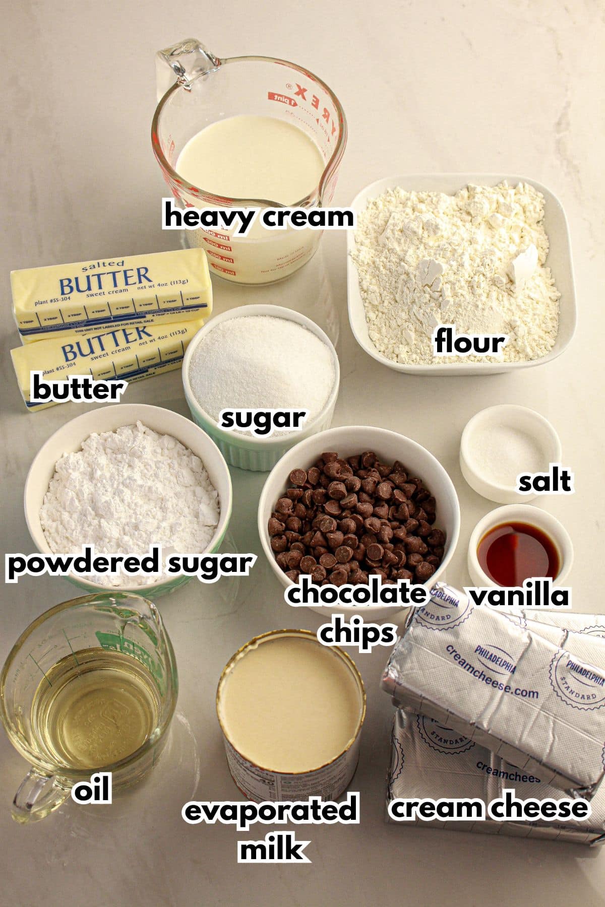 Bowls of ingredients labelled with text on a counter.