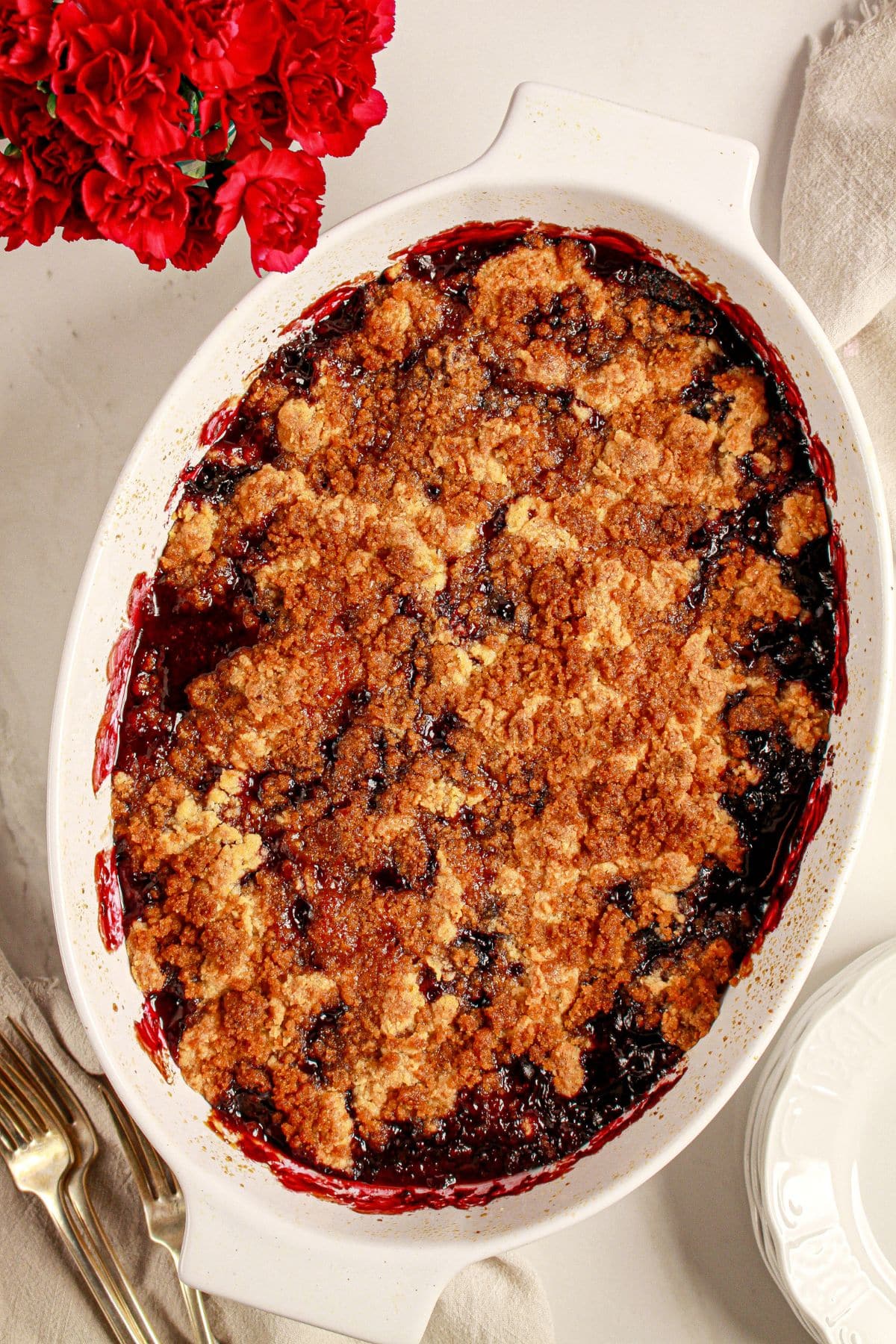Baked cobbler in a casserole dish.