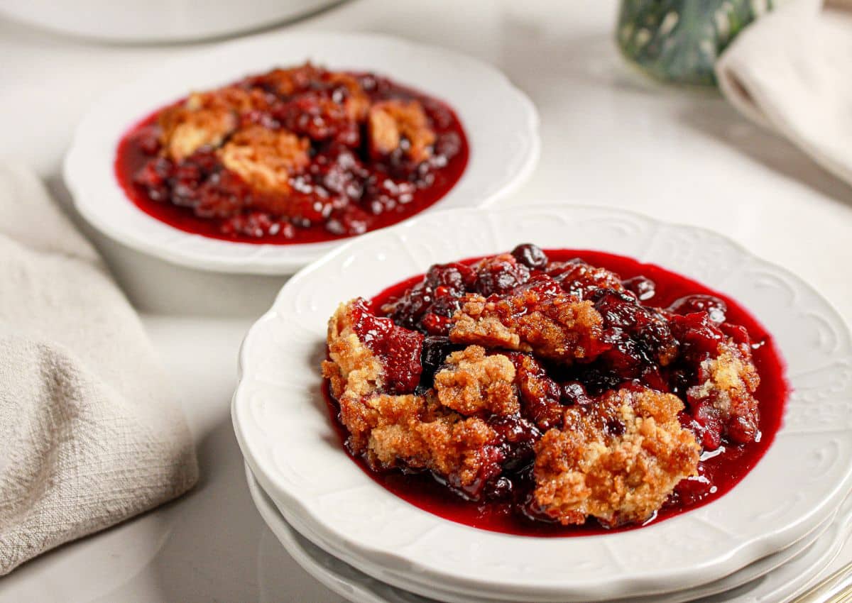 Small plate of mixed berry cobbler.