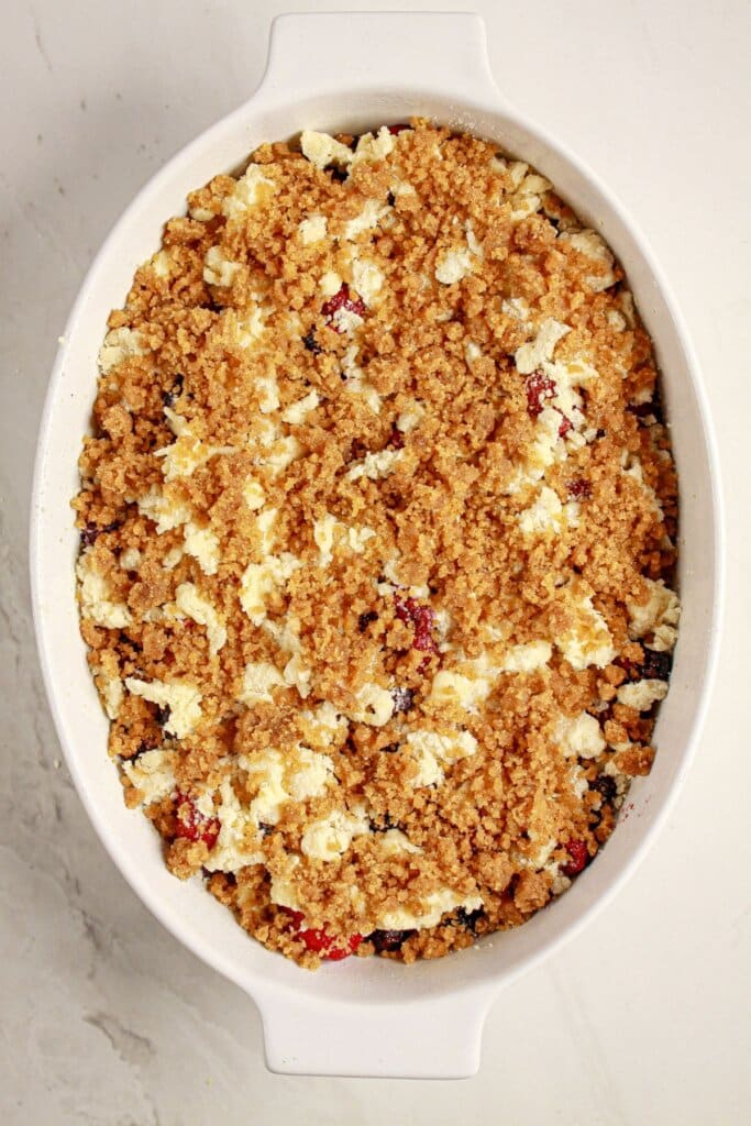 Brown sugar topping on a baking dish.