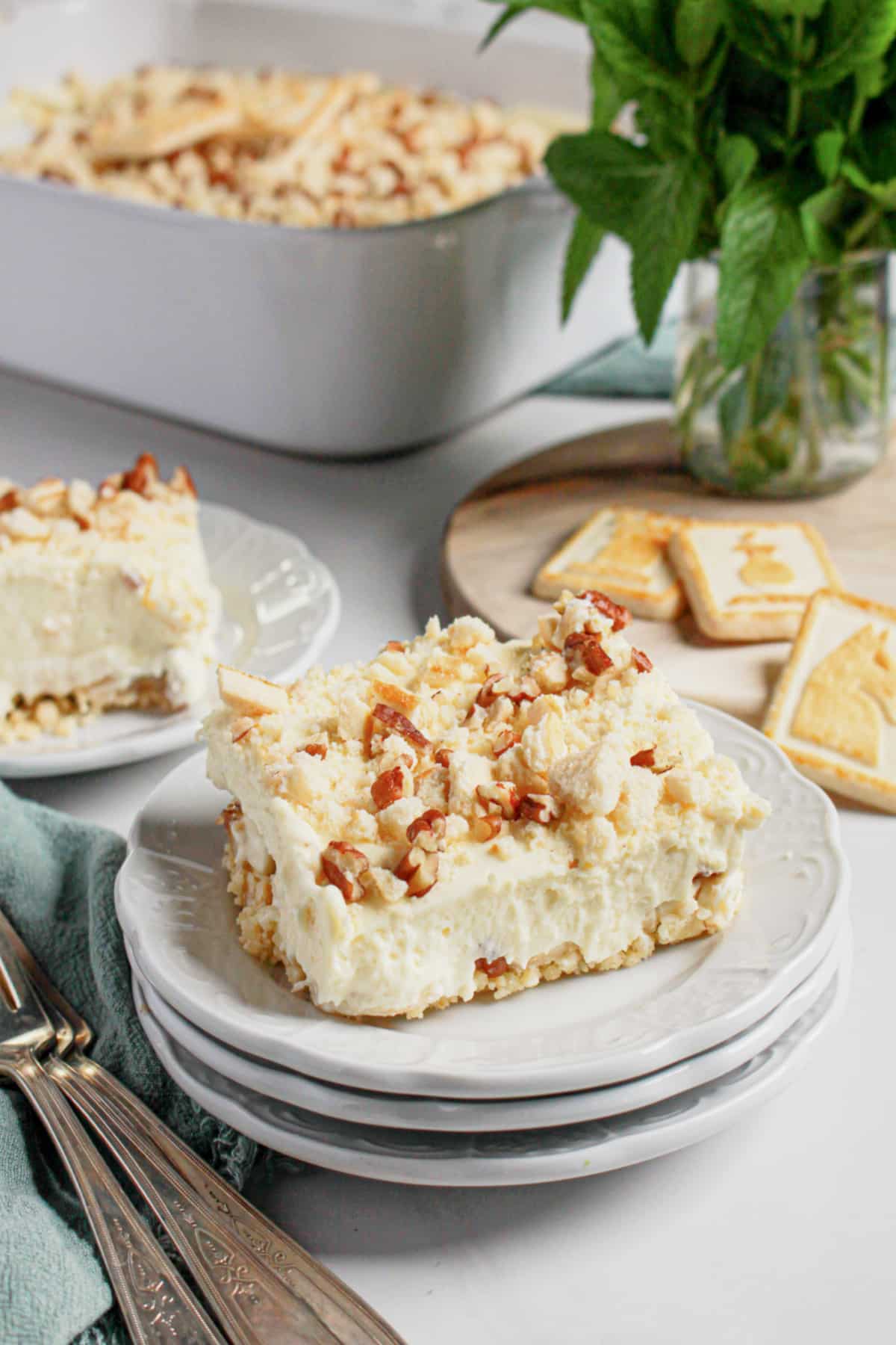 Serving of not yo mama's banana pudding on a plate.