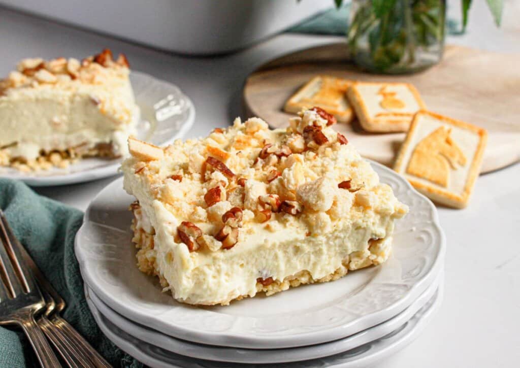 Serving of not yo mama's banana pudding on a plate.