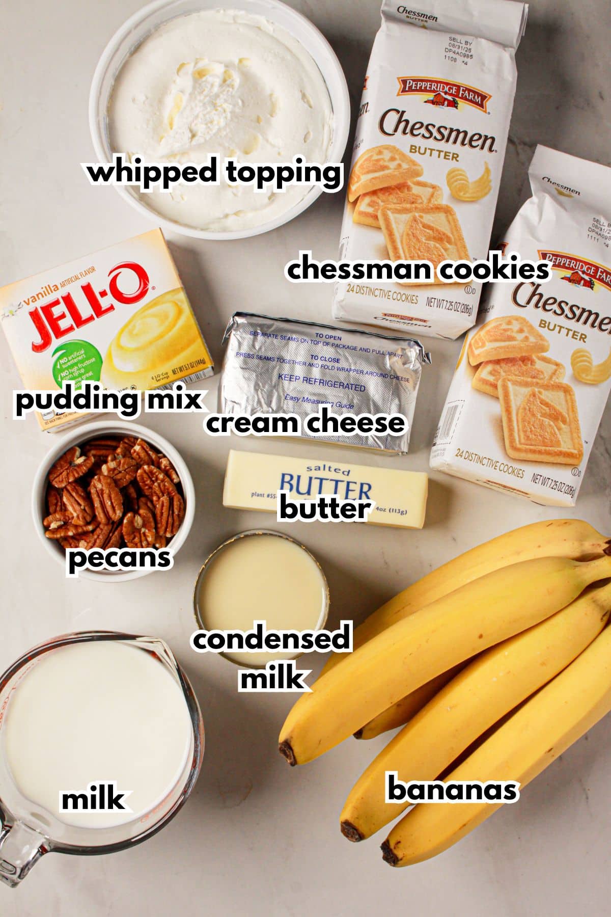 Bowls of ingredients on a counter labelled with text.