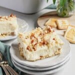 Serving of not yo mama's banana pudding on a plate.