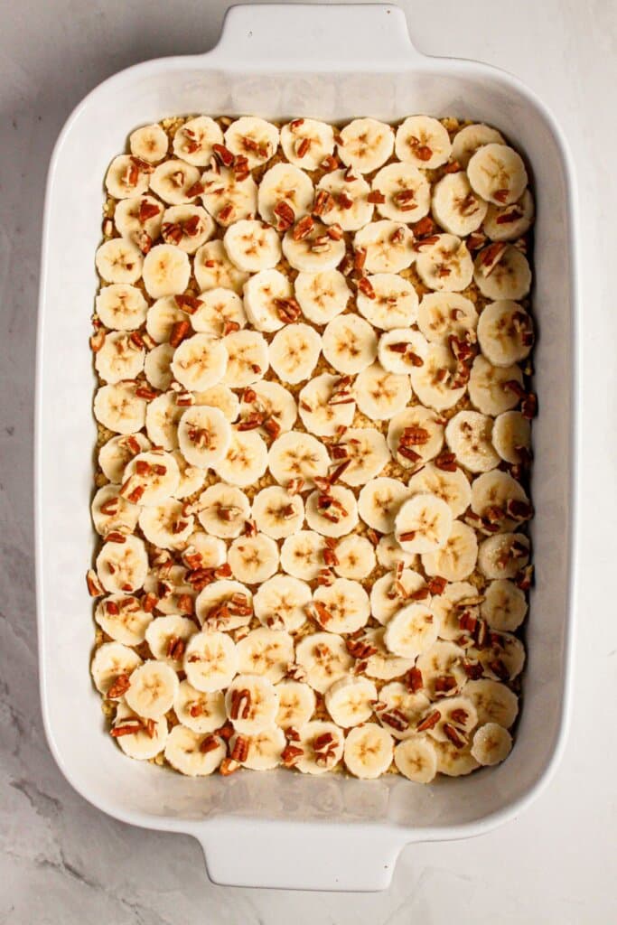 Bananas layered on dessert.