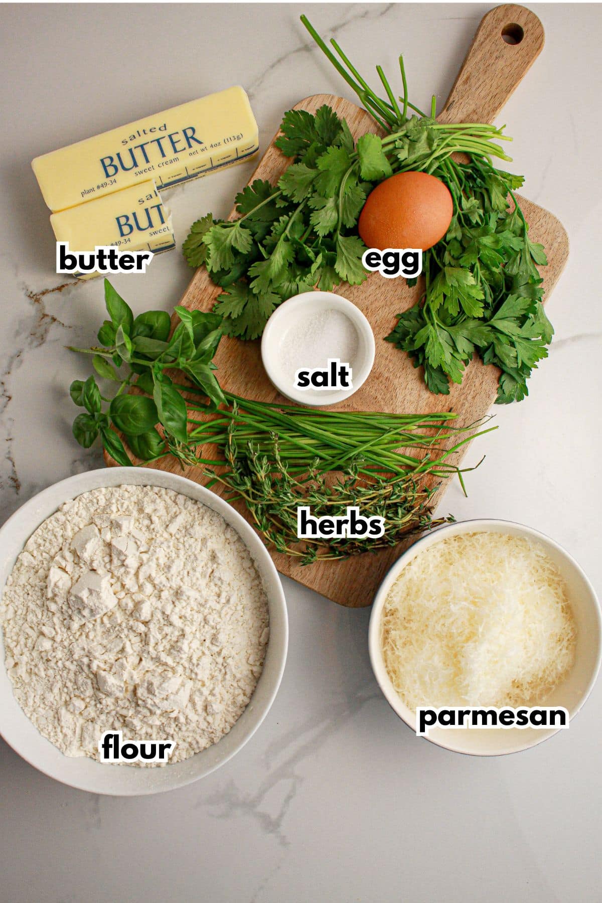 Bowls of ingredients labelled with text.