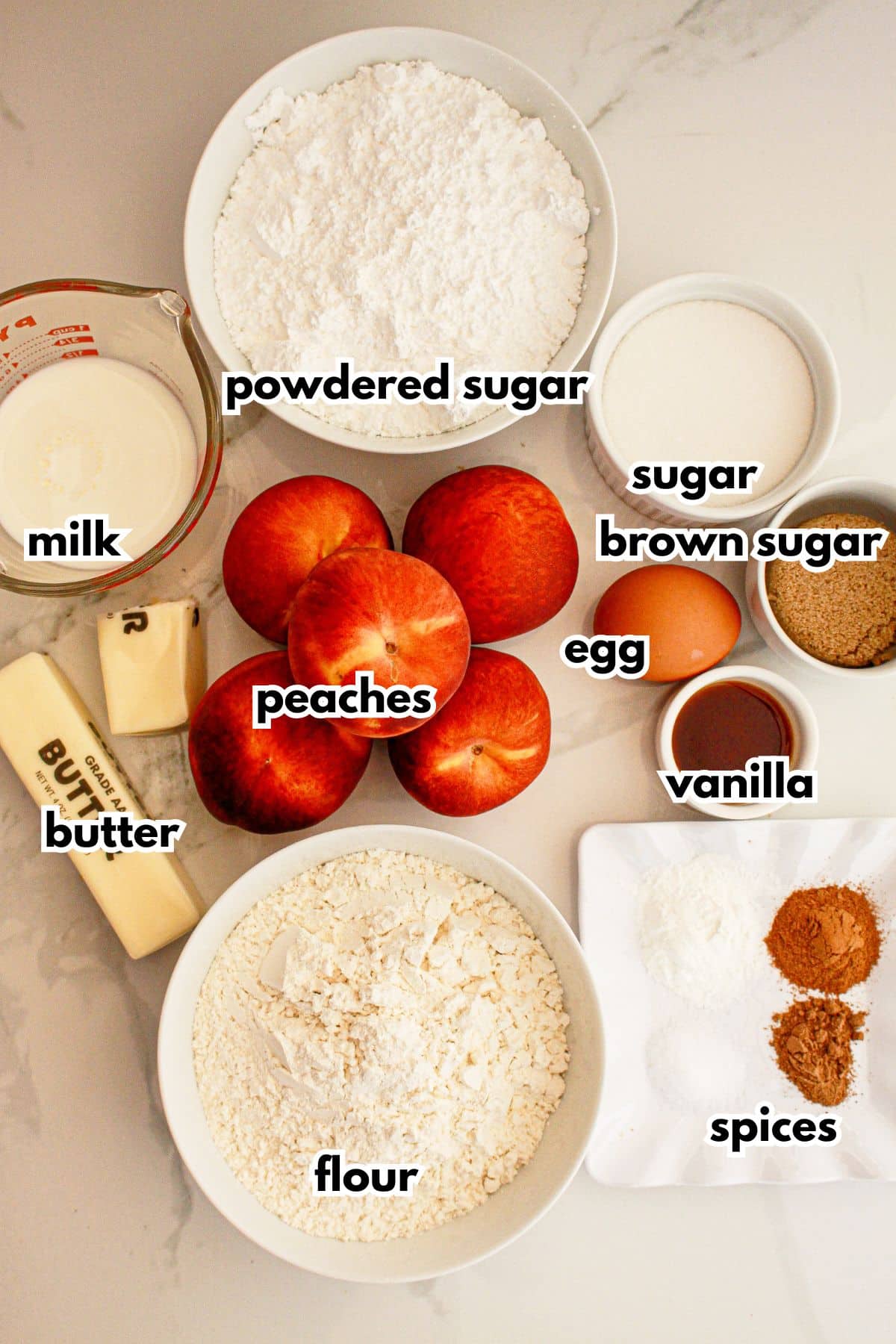 Bowls of ingredients on a counter labelled with text.