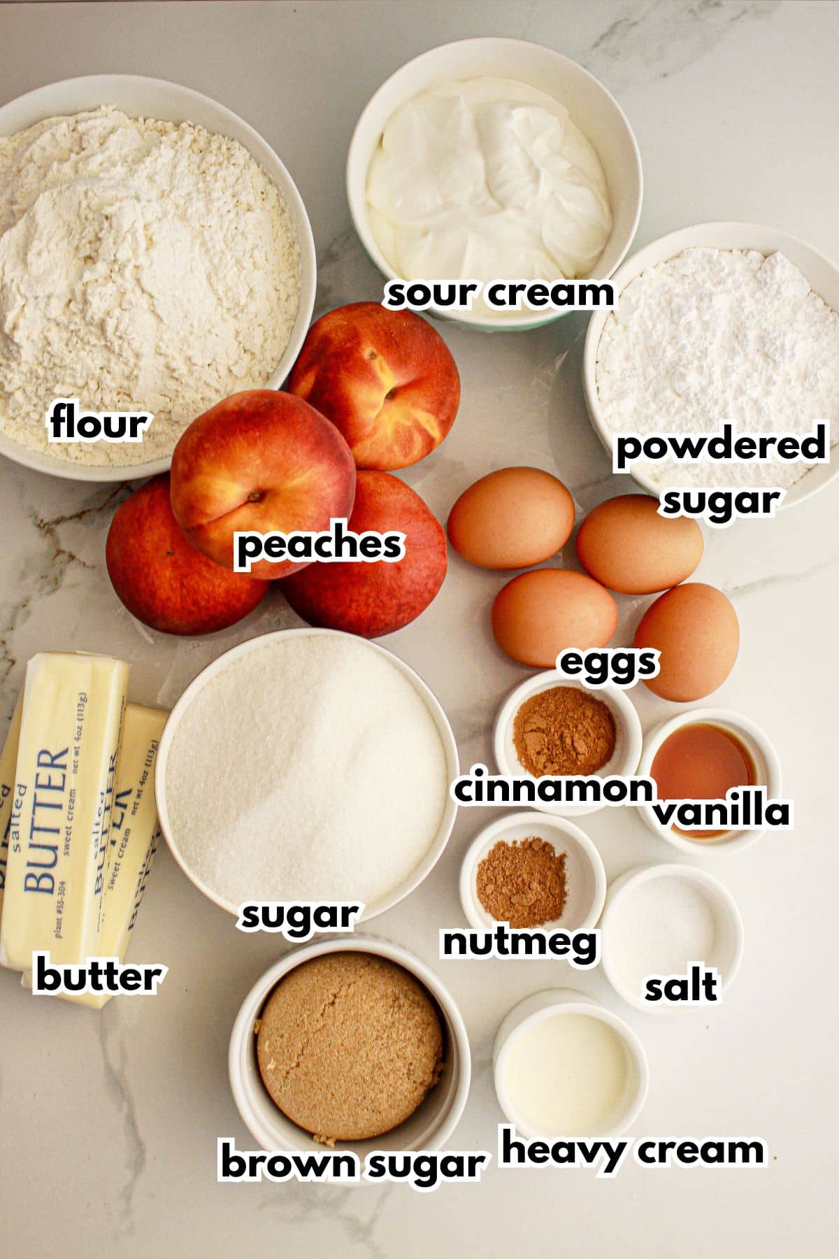 Bowls of ingredients on a counter labelled with text.