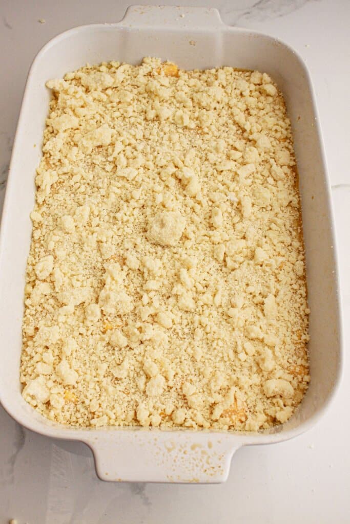 Crumble topping in a baking dish.