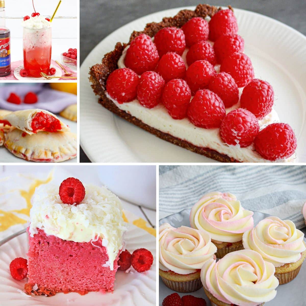 Collage of raspberry recipes.