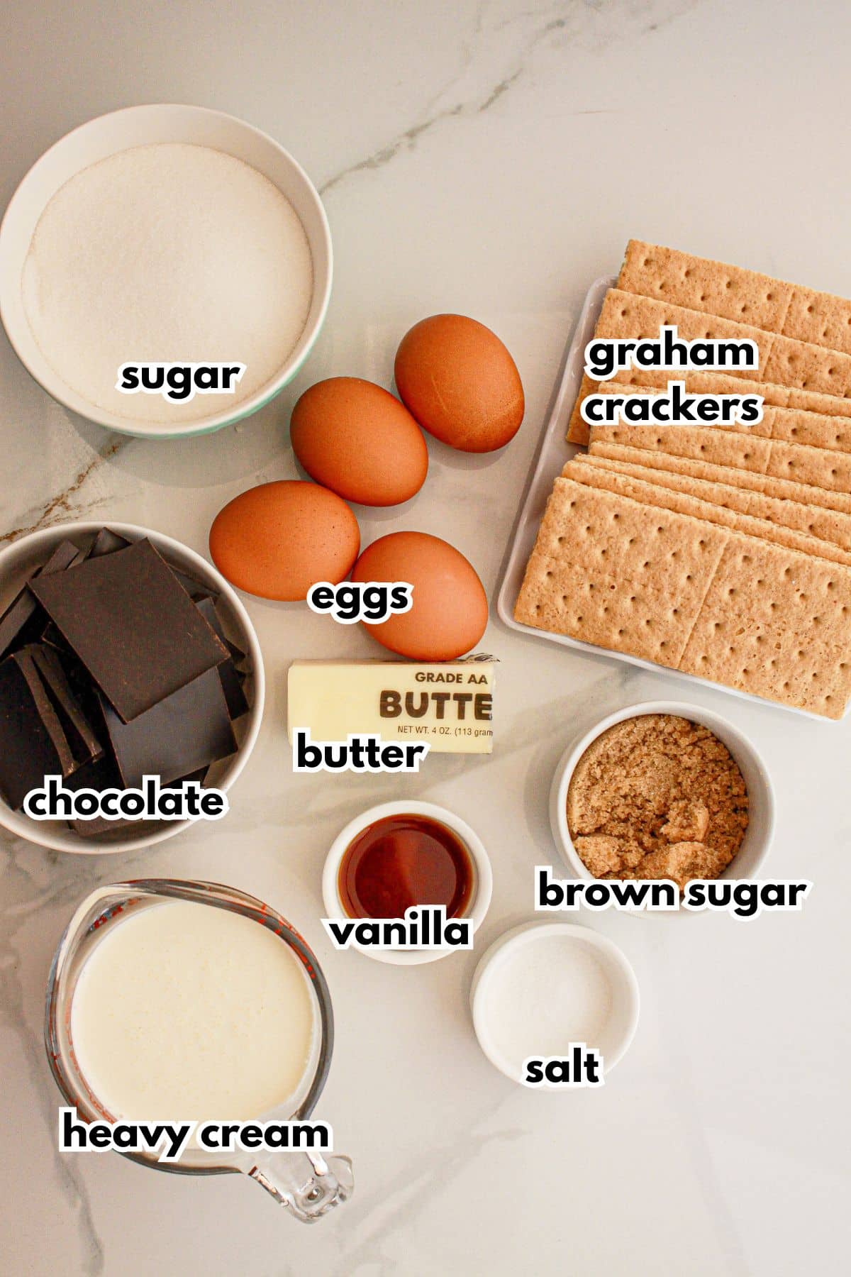 Bowls of ingredients on a counter labelled with text.