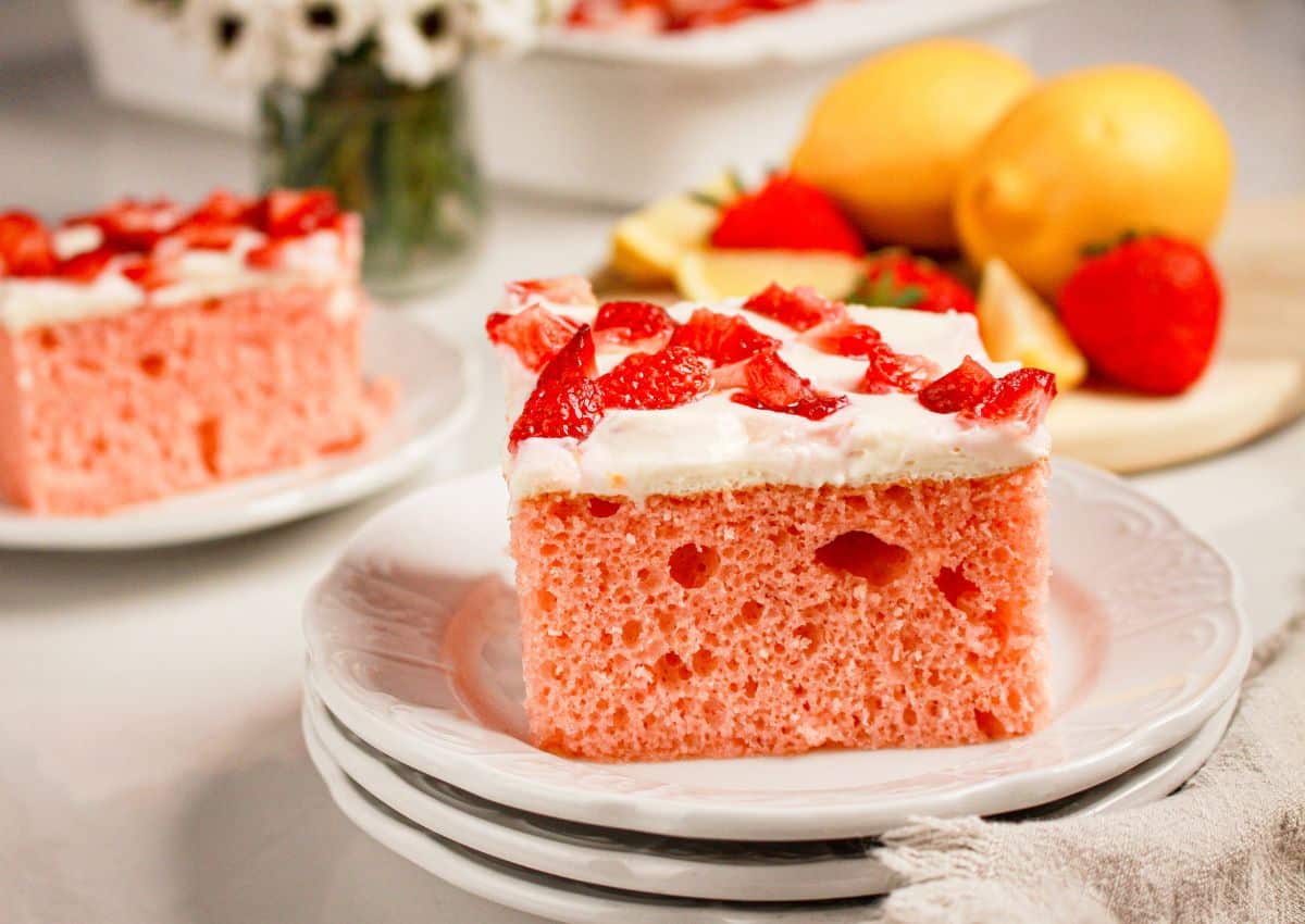 Slice of cake on a small white plate.