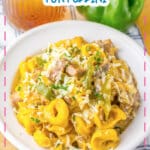 Bowl of cheesesteak tortellini on a counter.