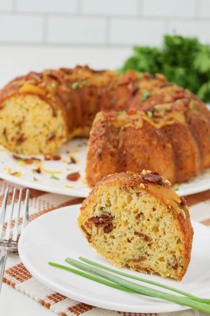 Slice of bundt cake breakfast on a small plate.