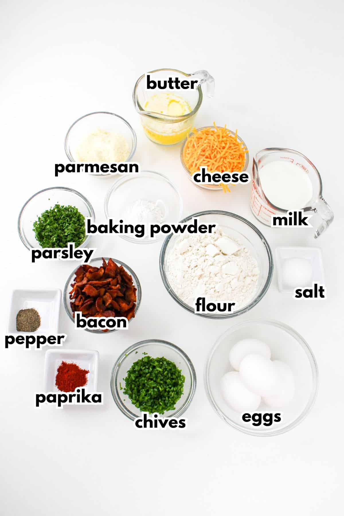 Bowls of ingredients on a white background labelled with text.