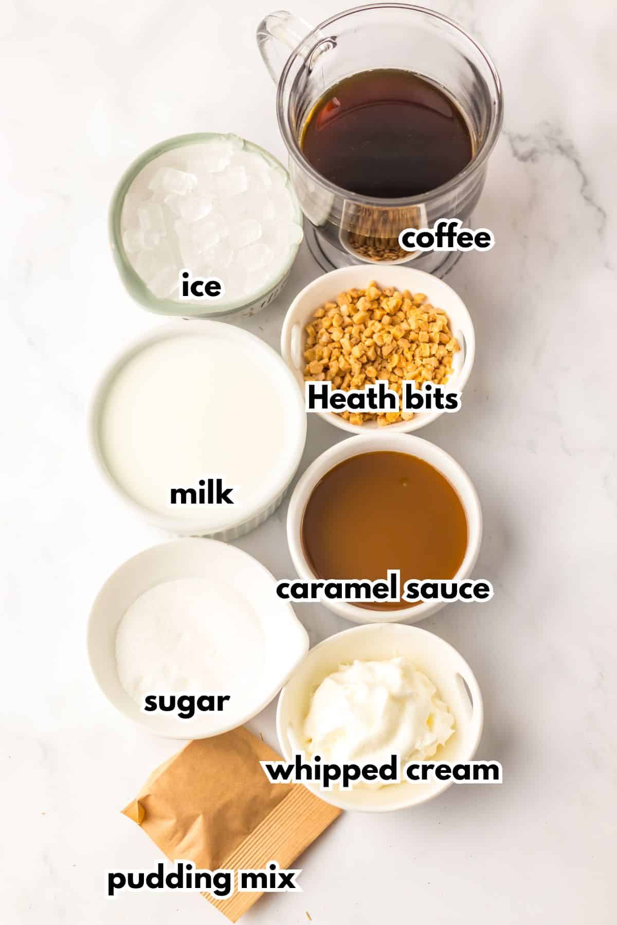 Bowls of ingredients labelled with text.