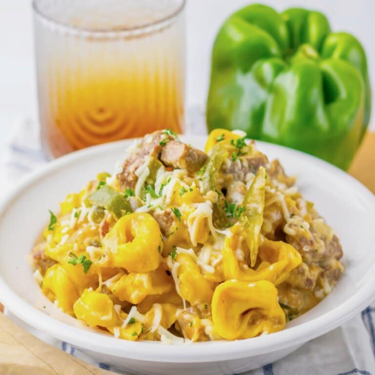 Bowl full of cheesesteak tortellini.