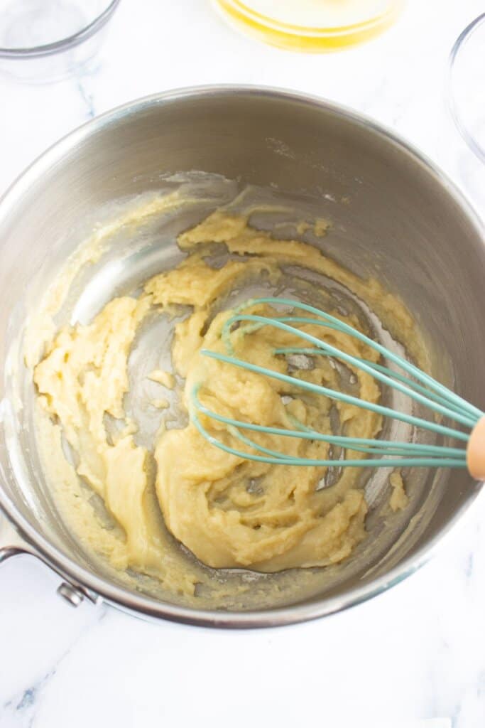 Roux being cooked in a pot.