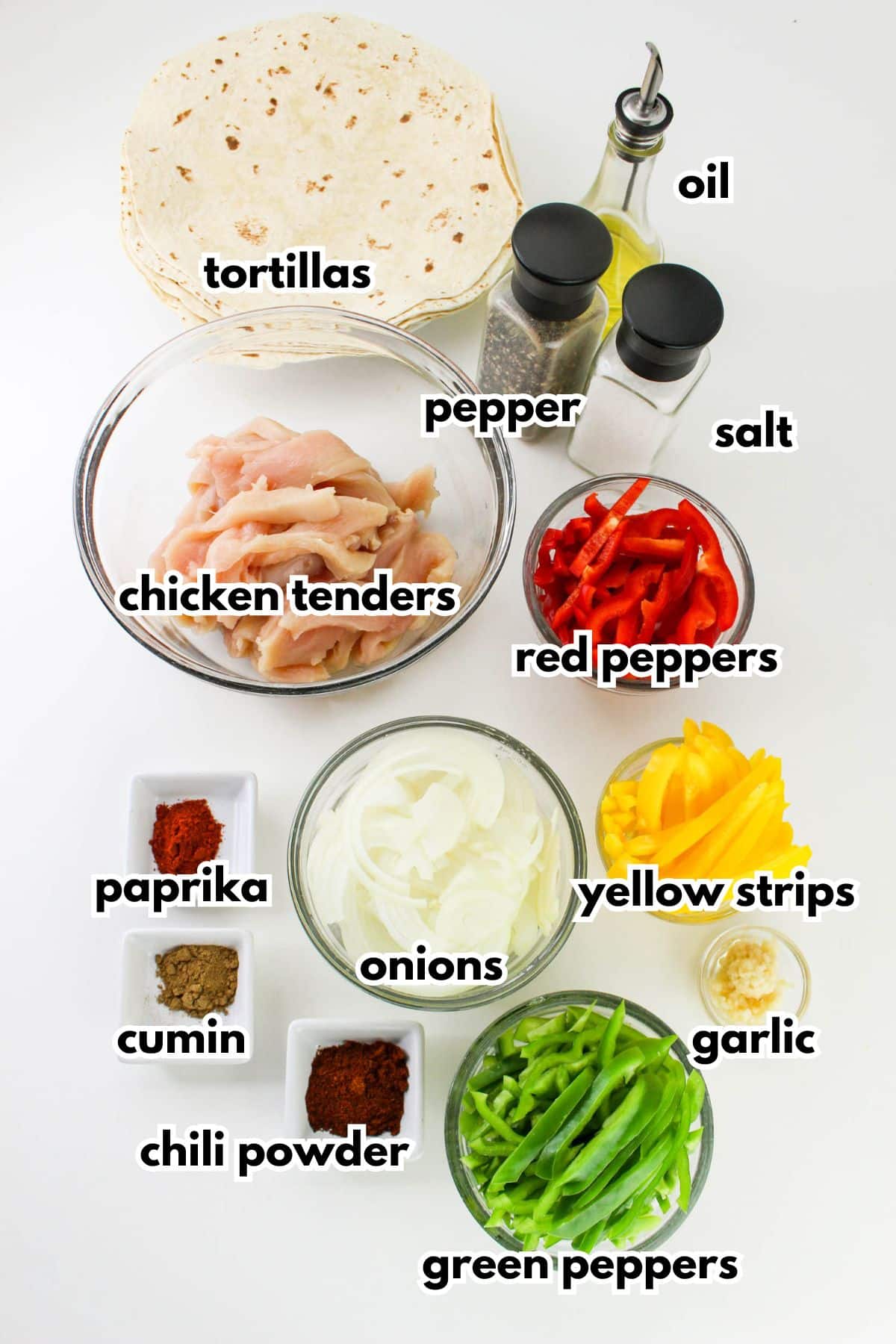 Bowls of ingredients labelled with text on a counter.