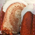 Slice of cinnamon roll bundt cake being removed from cake.