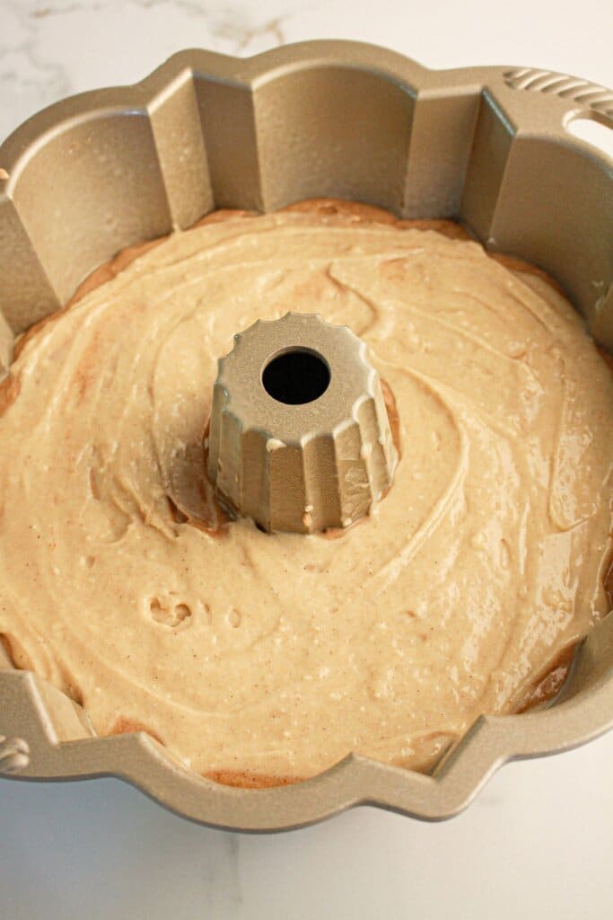 Batter in a cake pan.