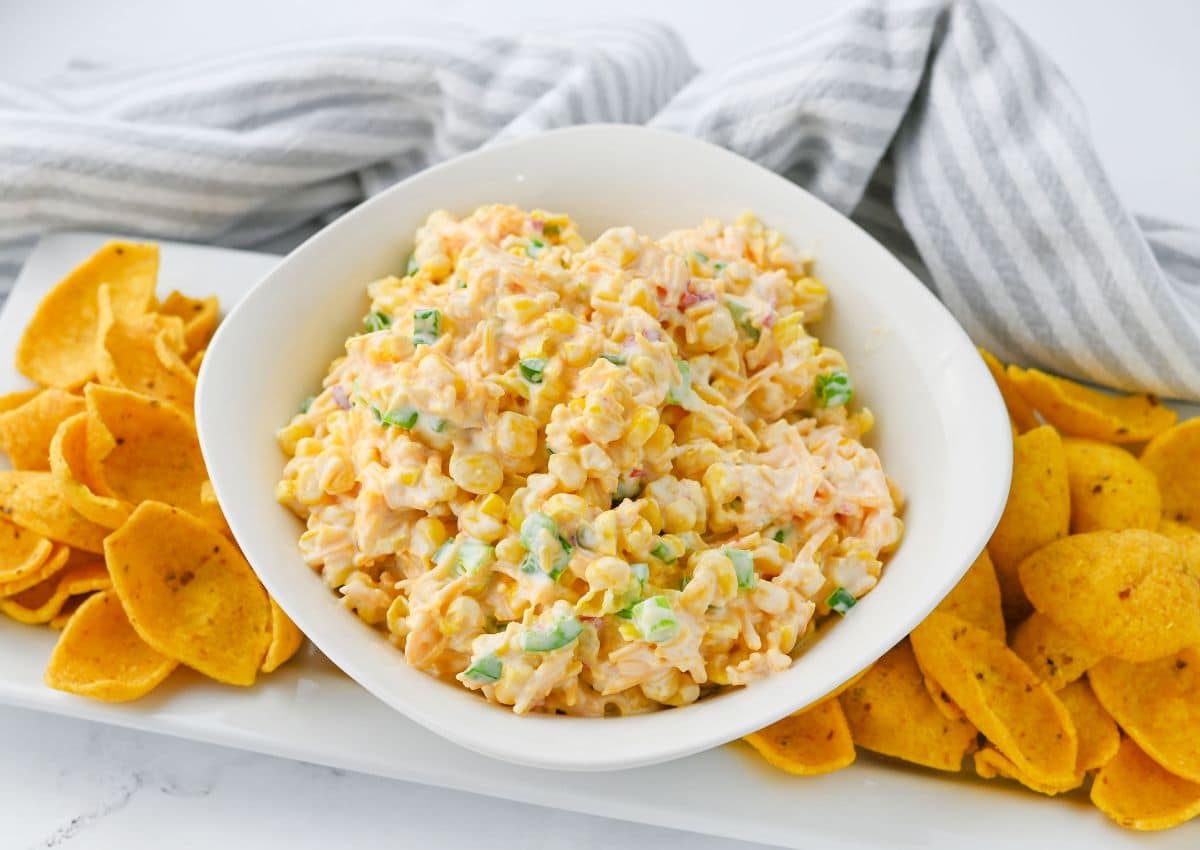 White bowl full of crack corn dip.