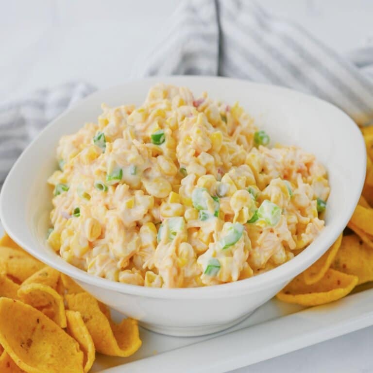 White bowl full of crack corn dip.