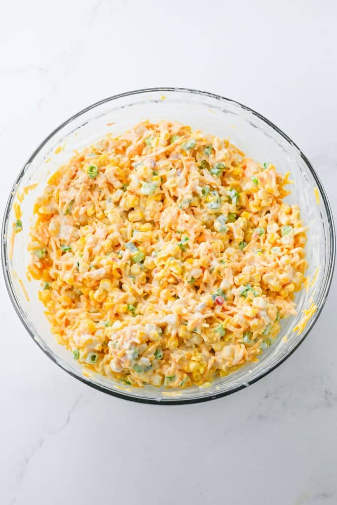 Mixing bowl full of appetizer.