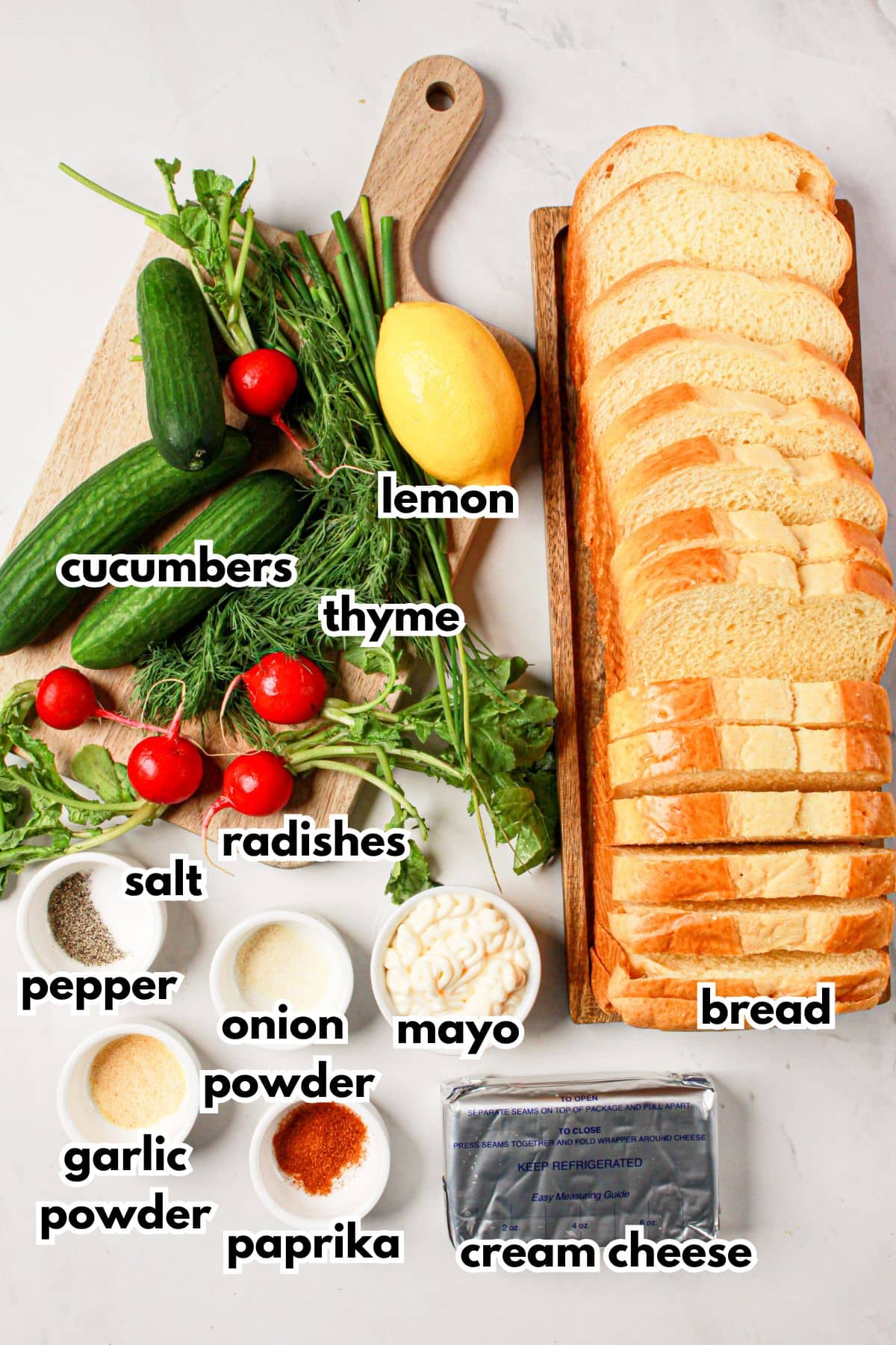 Ingredients on a counter labelled with text.