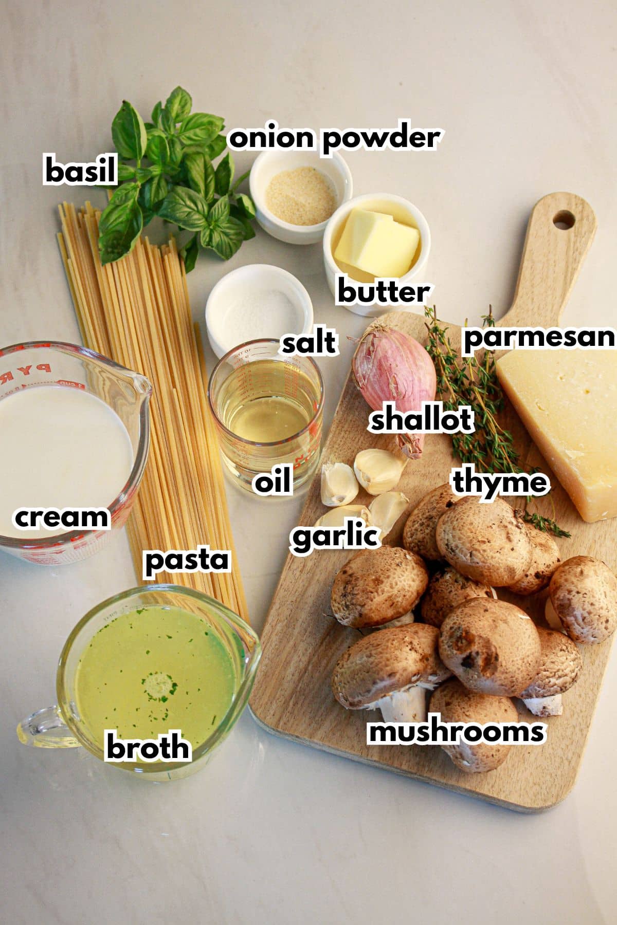 Ingredients on a counter labelled with text.