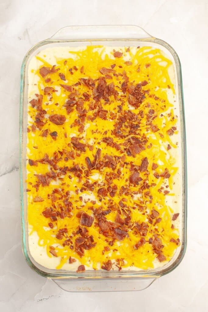 Casserole dish full of meatloaf casserole.