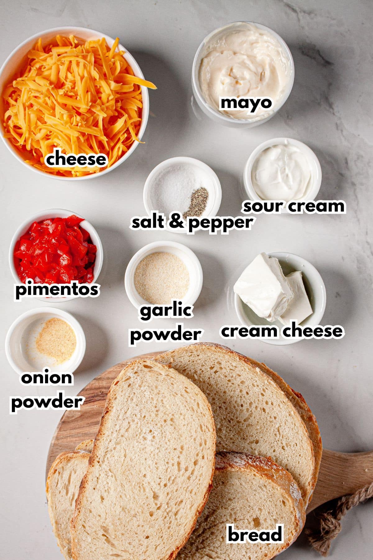 Bowls of ingredients labelled with text.