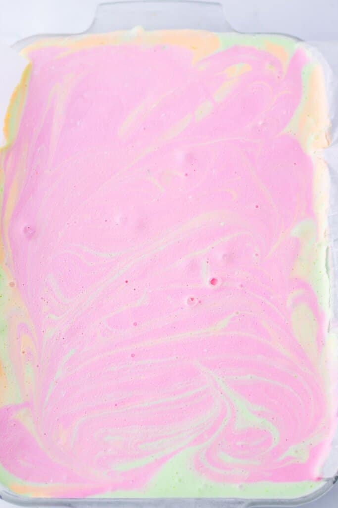 Swirl design in a dessert in a glass baking dish.