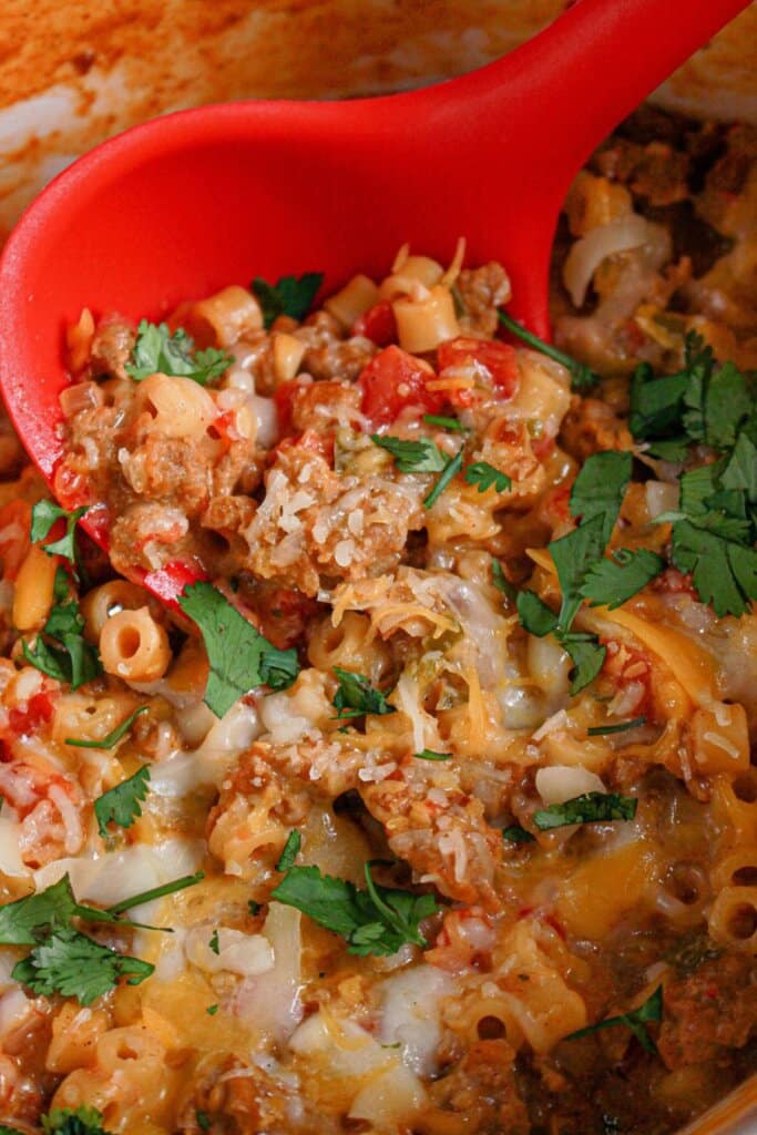 Spoonful of taco pasta.