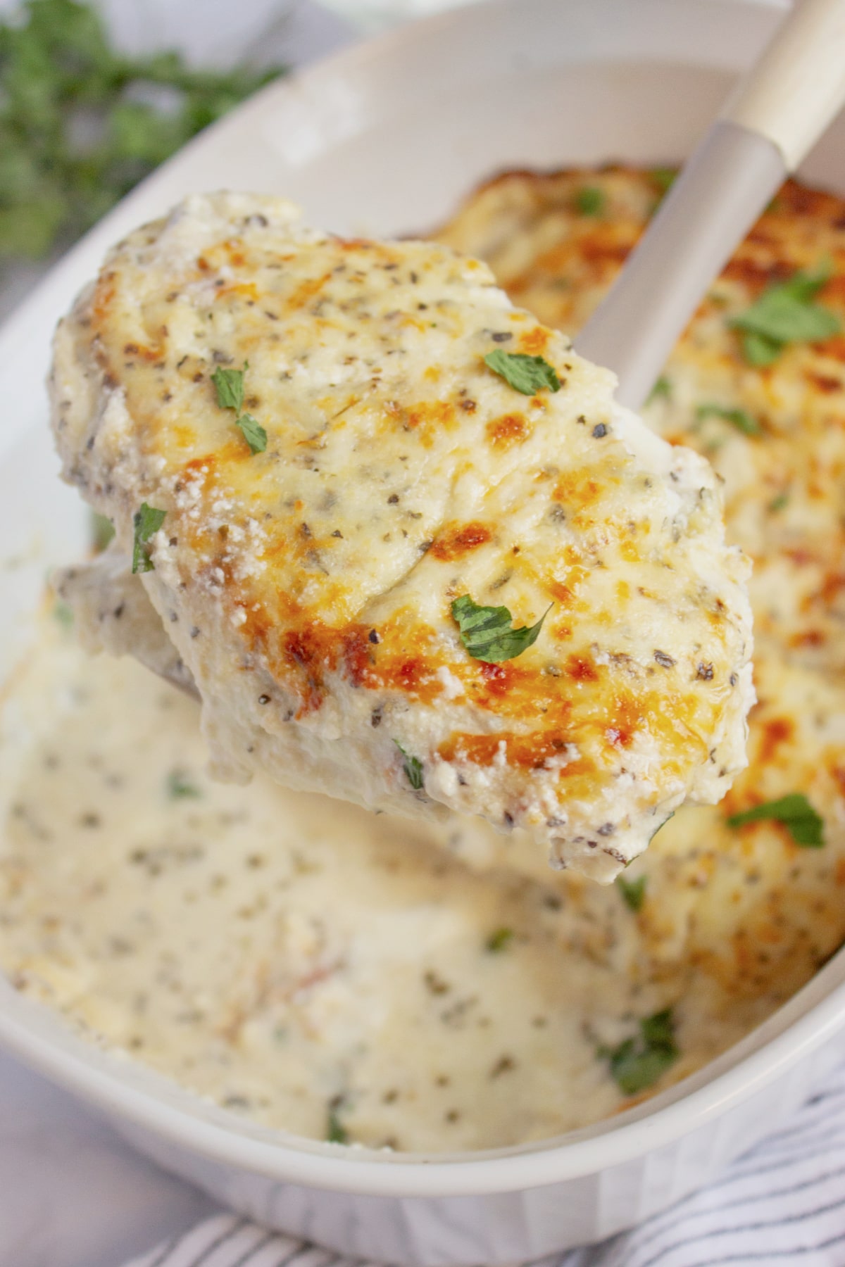 Sour cream covered chicken breast held on a spoon.