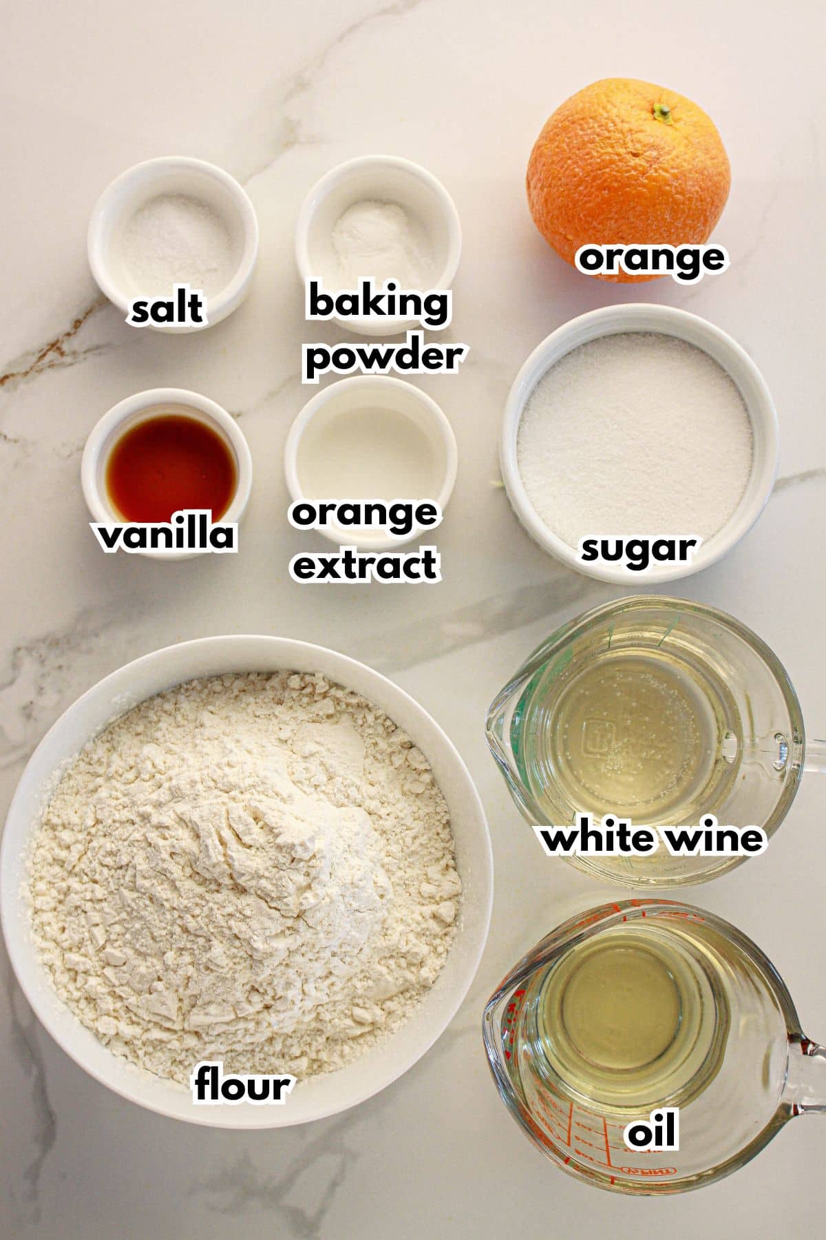 Bowls of ingredients labelled with text.