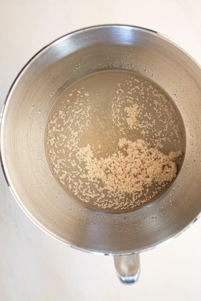 Yeast, sugar, and water in a stainless steel mixing bowl.