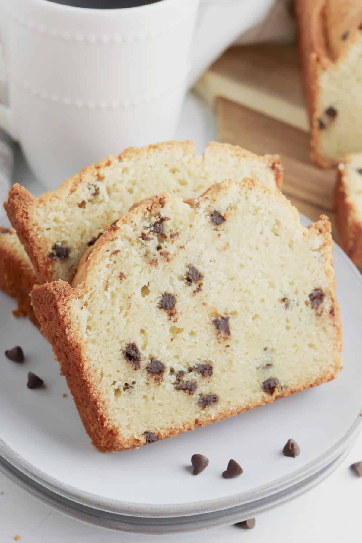 Slices of chocolate chip pound cake on a plate.