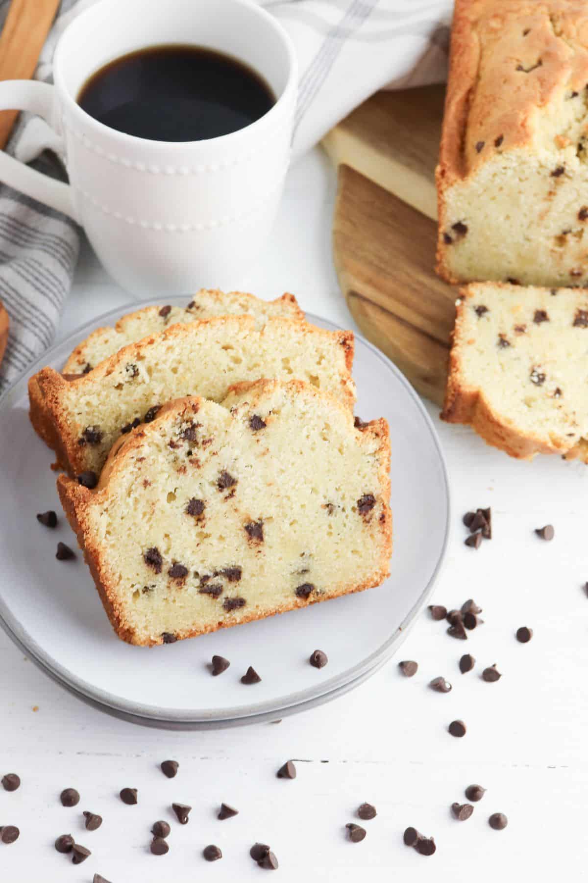 Slices of chocolate chip pound cake on a plate.